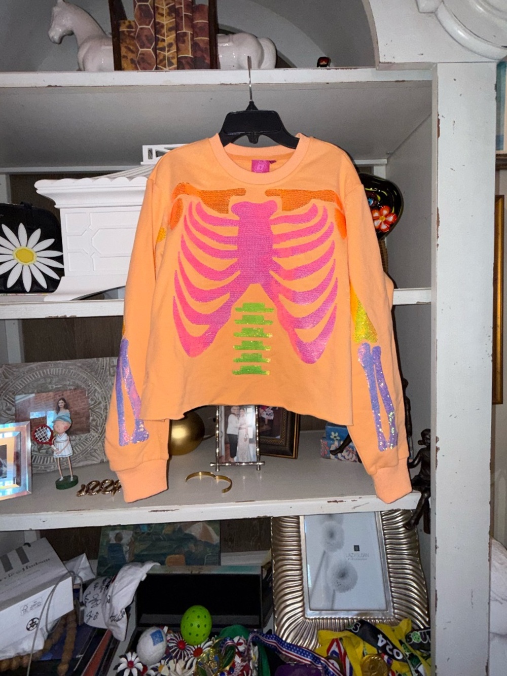 Queen of Sparkles QOS XS neon orange skeleton cropped sweatshirt - Picture 1 of 5